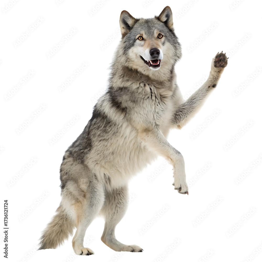 Fototapeta premium A gray wolf standing on its hind legs with one paw raised against a black isolated background scene view
