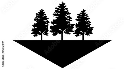Minimalist black silhouette of three evergreen pine trees on a downward-pointing geometric triangle. Nature and outdoor graphic design element.