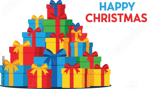 Stack of colorful christmas gifts with happy christmas text