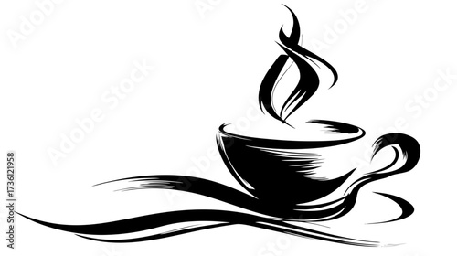 Stylized black and white coffee cup with steaming hot drink. Artistic hand-drawn brush stroke graphic for cafes and menus.