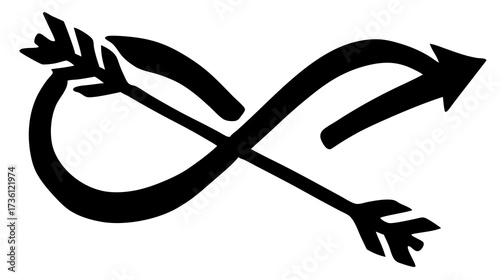 Abstract black silhouette symbol of an arrow passing through an infinity loop, representing endless direction, continuous growth, and infinite connection