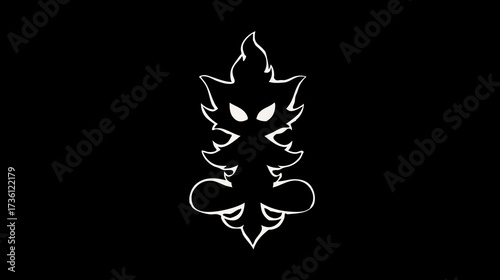 Minimalist White Outline Graphic of a Meditative Mystical Creature with Fiery Head and Glowing Eyes on a Black Background