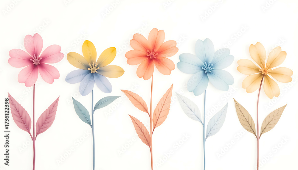 Obraz premium Pastel Row: Five Delicate Flowers with Simple Leaves on a Clean White Background in a Feminine, Soft Tone. 