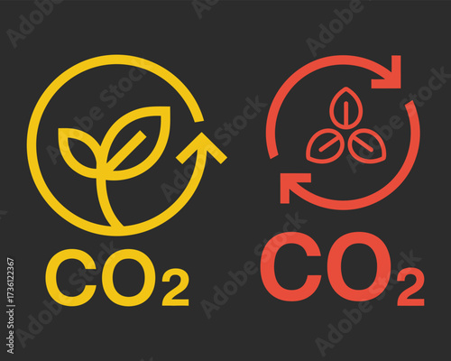 Yellow and red C O2 symbols with plant and leaf icons carbon dioxide