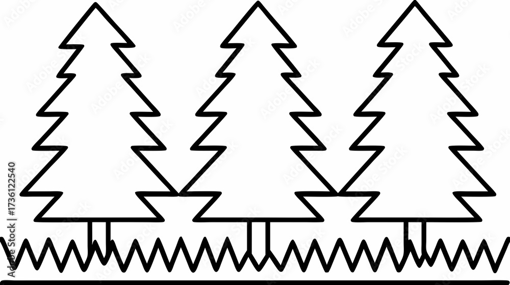 Obraz premium Simple line art illustration of three evergreen coniferous trees standing on a patch of grass. Minimalist nature and forest icon.