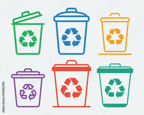 Six colorful recycling bins with recycle symbol icons trash can waste bin