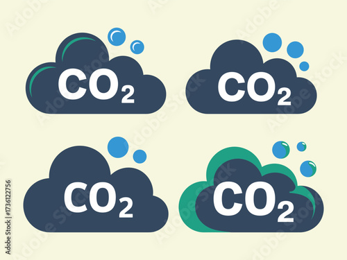 Four dark blue clouds with white C O2 text and blue bubbles carbon dioxide