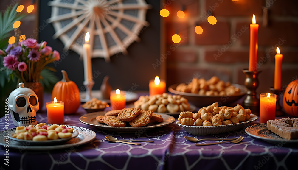 Naklejka premium Halloween party scene with cobweb decorations, candles, and themed snacks