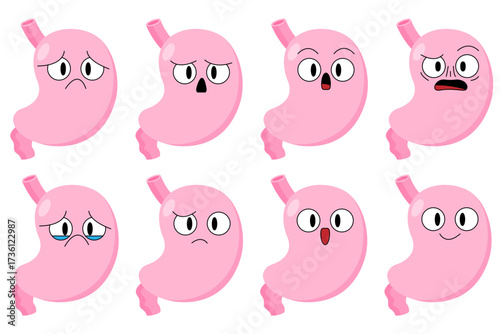 Cartoon stomach set. Health, Heartburn, gastritis, atony, nausea, Helicobacter, cancer, digestive problems. Cartoon human internal organs. Stock vector illustration isolated on white background.