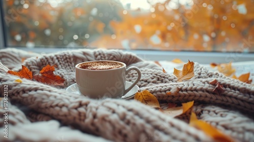 Warm Cozy Scarf and Cup of Hot Tea on a Peaceful Autumn Day