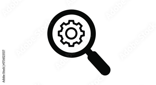 Magnifying glass with gear, indicating search
