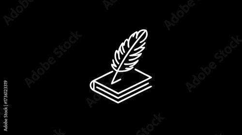 Minimalist white line art icon of a classic feather quill pen resting on a closed book. Symbolizing writing, literature, education, and creative storytelling.