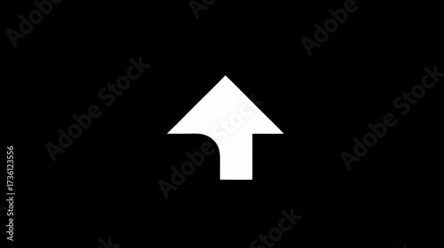 White arrow pointing up with a curved base on a black background. Simple navigation icon, progress, direction, upload symbol.