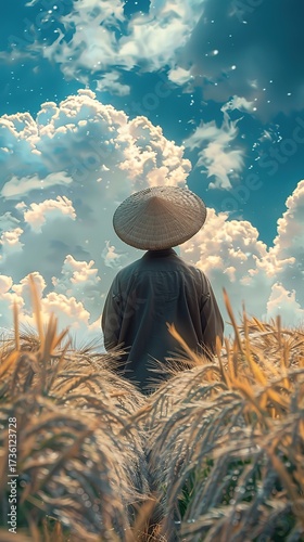 Beautiful Landscape of a Farmer in a Golden Wheat Field and Rice Fields