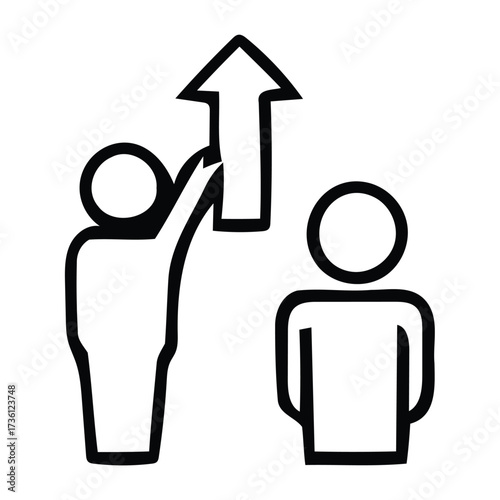 Outline of one person holding an upward arrow above another person. With success, growth, progress, Vector illustration. 