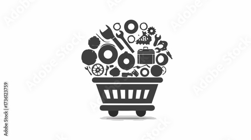 Shopping cart loaded with various industrial tools and mechanical parts, a digital e-commerce concept for hardware, repair, and industry supplies.