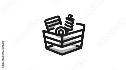 Outline vector icon of a box filled with mechanical components, spare parts, or industrial scrap, symbolizing recycling, junk, and waste.