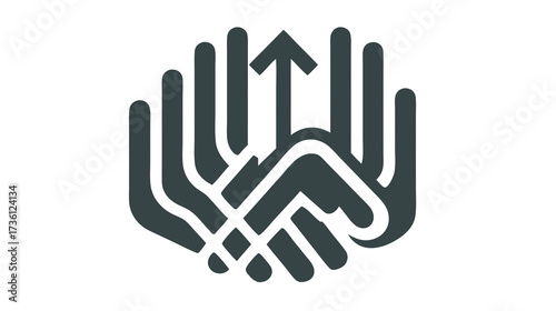 Stylized graphic icon of two hands shaking with an upward arrow, symbolizing business partnership, collaboration, and growth concept.