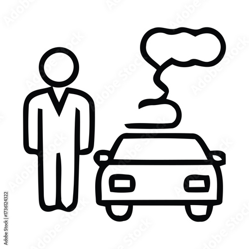 Person standing next to a car emitting smoke on a white background, automobile, Vector illustration. 