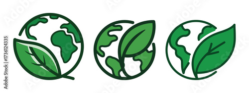 Three green earth globes with leaves icons planet world
