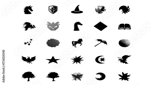Diverse collection of fantasy, magic, and mythical creature silhouettes. Vector icons for games, design, and conceptual themes.