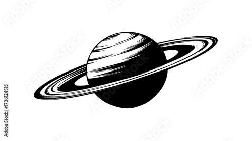 Monochrome vector illustration of a stylized ringed planet icon, representing a celestial body in the vastness of space and astronomy concept.