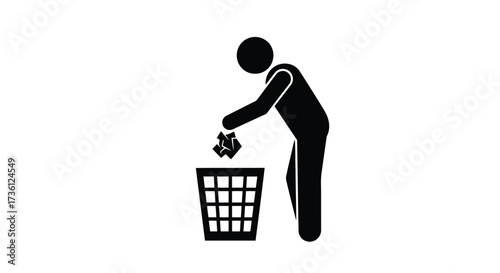 Stick figure throwing trash in bin, icon