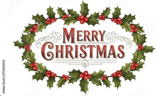 Merry christmas greeting card with holly berry wreath design