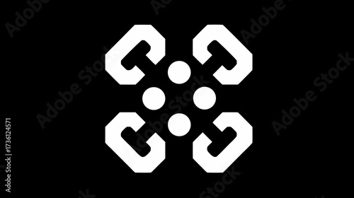 Modern abstract geometric pattern with interconnected shapes on a black background, representing technology, network, or data.