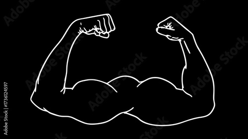Strong Muscular Arms Flexing Biceps in White Outline Drawing on Black Background - Symbol of Power, Strength & Fitness