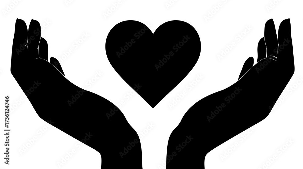 Obraz premium Cupped hands silhouette holding a heart, representing love, care, support, charity, giving, protection, and kindness.