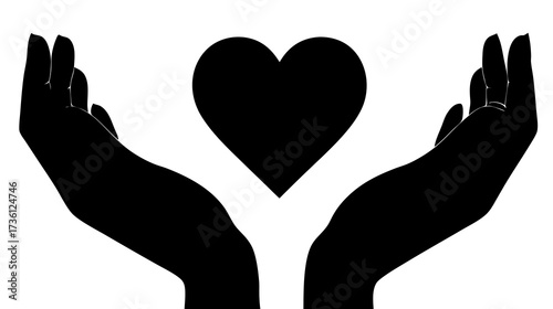 Cupped hands silhouette holding a heart, representing love, care, support, charity, giving, protection, and kindness.