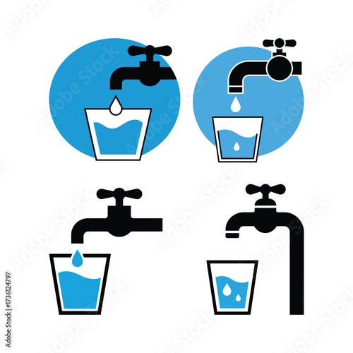 Four black water taps filling glasses with blue water faucet