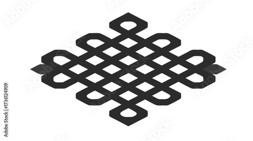 Elegant black endless knot vector illustration, a sacred Buddhist symbol of infinity, longevity, and interconnectedness on a white background, spiritual design element.
