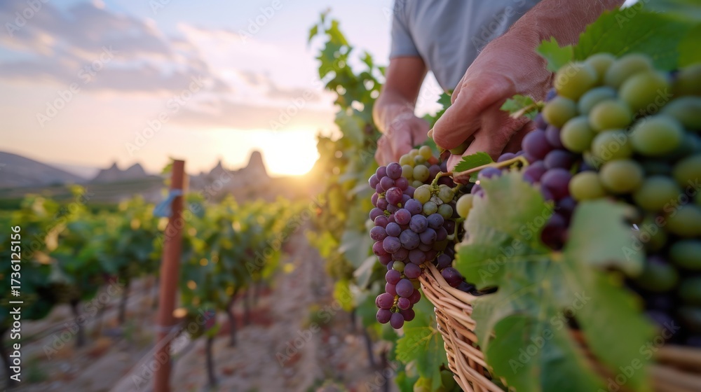 Obraz premium A close-up shot of a farmer's hands meticulously assessing and gathering ripe grapes during the golden hour, highlighting the connection between humans and nature in agricultural practices.