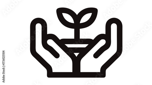 Hands holding a growing plant sprout icon, symbolizing nature care, growth, sustainability, and environmental protection