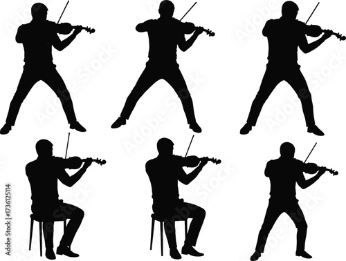 Violinist silhouettes, classical musician playing violin, standing and seated poses, orchestral performance, music stage energy, string instrument artist, expressive concert performance