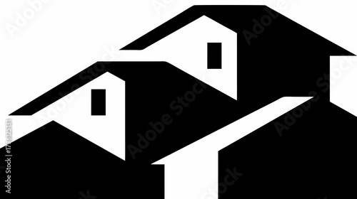 Black and white graphic icon of two stylized houses, representing residential property, home ownership, real estate, and housing development.