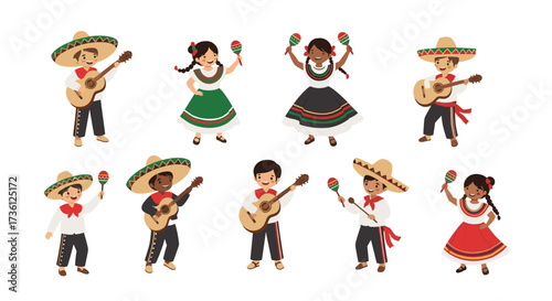 A collection of children dressed in traditional Mexican outfits playing musical instruments