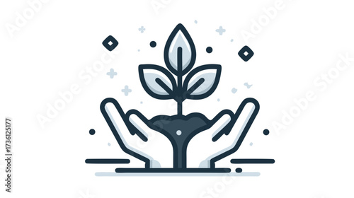 Caring hands holding a growing plant sprout icon, symbolizing nature protection, environmental sustainability, green growth, and ecology.