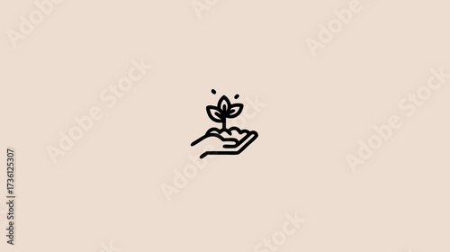 Minimalist line art icon: hand holding a growing plant. Symbol of nature, growth, care, sustainability, ecology, and new beginnings.
