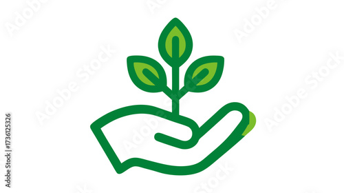 Green hand holding a growing plant sprout, symbolizing environmental care, nature protection, sustainability, and ecological responsibility. Vector icon.