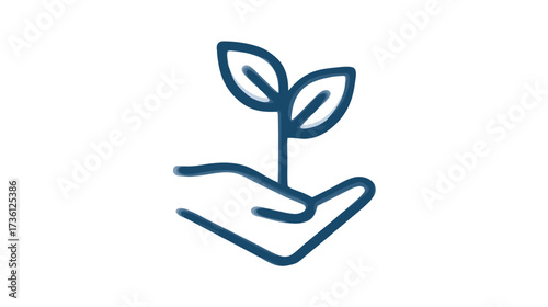 Vector outline icon: Hand holding a small plant sprout. Symbolizing growth, ecology, nature, sustainability, and environmental care.