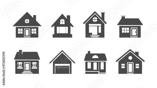 Set of various house icons, black and white vector graphics representing homes, residential buildings, property, and real estate concepts.