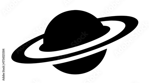 Simple black silhouette icon of a ringed planet, evoking concepts of space, cosmos, astronomy, solar system, and universe design element