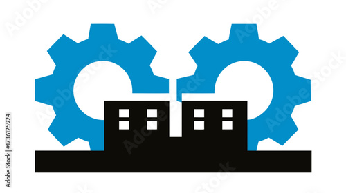 Industrial factory buildings with blue interlocking gears, symbolizing manufacturing, engineering, production, and automation concept vector