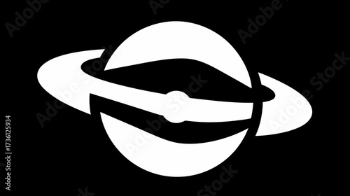 Stylized white planet with orbit or ring system icon on a black background, representing space, astronomy, or digital technology.