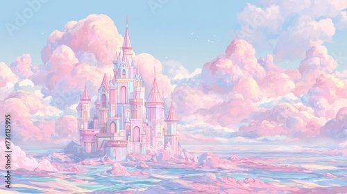 Dreamy pastel castle surrounded by fluffy clouds and shimmering ocean waters at sunset