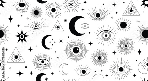 Mystical celestial symbols with eyes and moons in a seamless pattern.