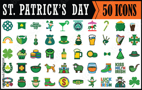 Collection of 50 colorful St. Patrick’s Day icons.